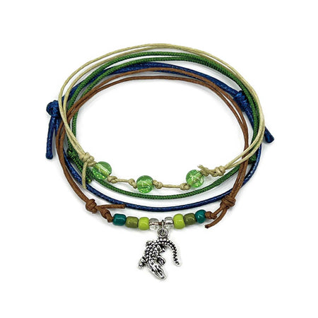 Alligator Bracelet Style Pack with 4 waterproof beaded bracelets in swampy tones and a silver gator charm.