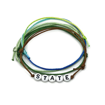 Green custom state bracelet with alphabet beads personalized bracelet, adjustable green cord, handmade stackable beaded jewelry for teens and travel gifts