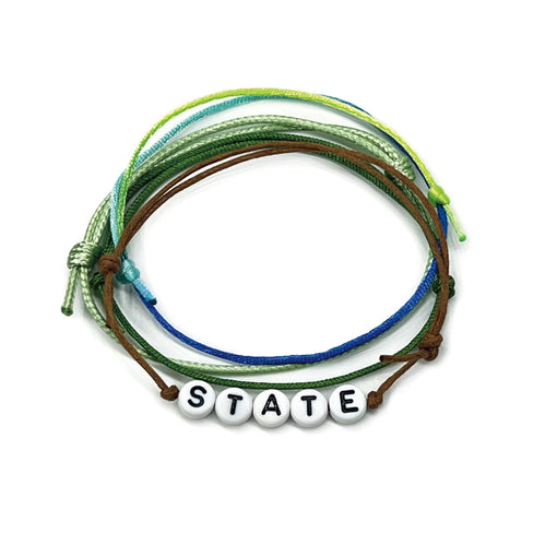 Green custom state bracelet with alphabet beads personalized bracelet, adjustable green cord, handmade stackable beaded jewelry for teens and travel gifts