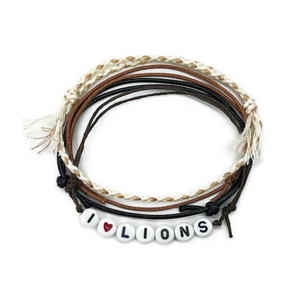 I Heart Lions Bracelet Style Pack with braided cord and red heart letter beads