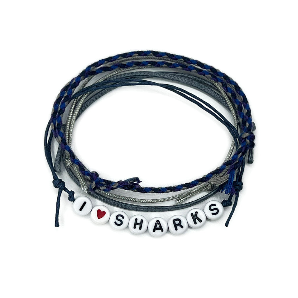 I Heart Sharks Bracelet Style Pack with black letter beads and blue cords