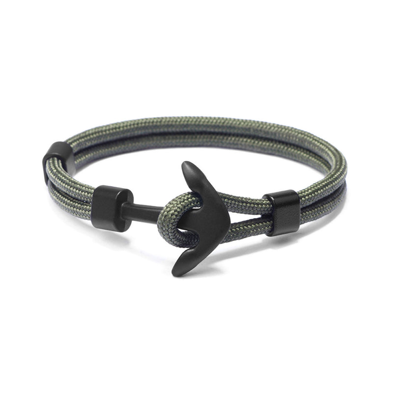 Men's anchor bracelet featuring an olive drab army green nylon cord paired with a sleek 1-inch black metal anchor clasp. This rugged water-resistant accessory offers a secure design perfect for outdoor adventures, casual wear or adding a bold, military-inspired touch to any outfit.
