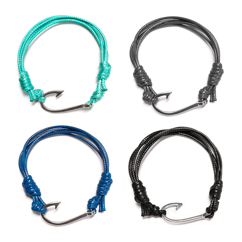 Product display of men’s stainless steel hook bracelets in four colors: green turquoise, gray, blue, and black. Each bracelet features a durable nylon cord and polished stainless steel hook clasp, designed for an adjustable fit on wrists sized 4-6 inches. These sleek and modern bracelets are ideal for both casual and formal wear.