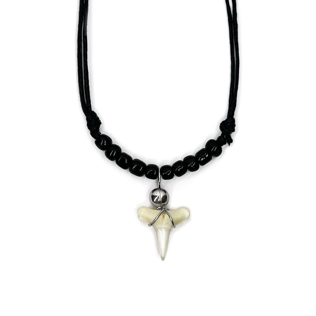 Black Shark Tooth Beaded Necklace with real tooth pendant, black glass beads and adjustable cotton cord