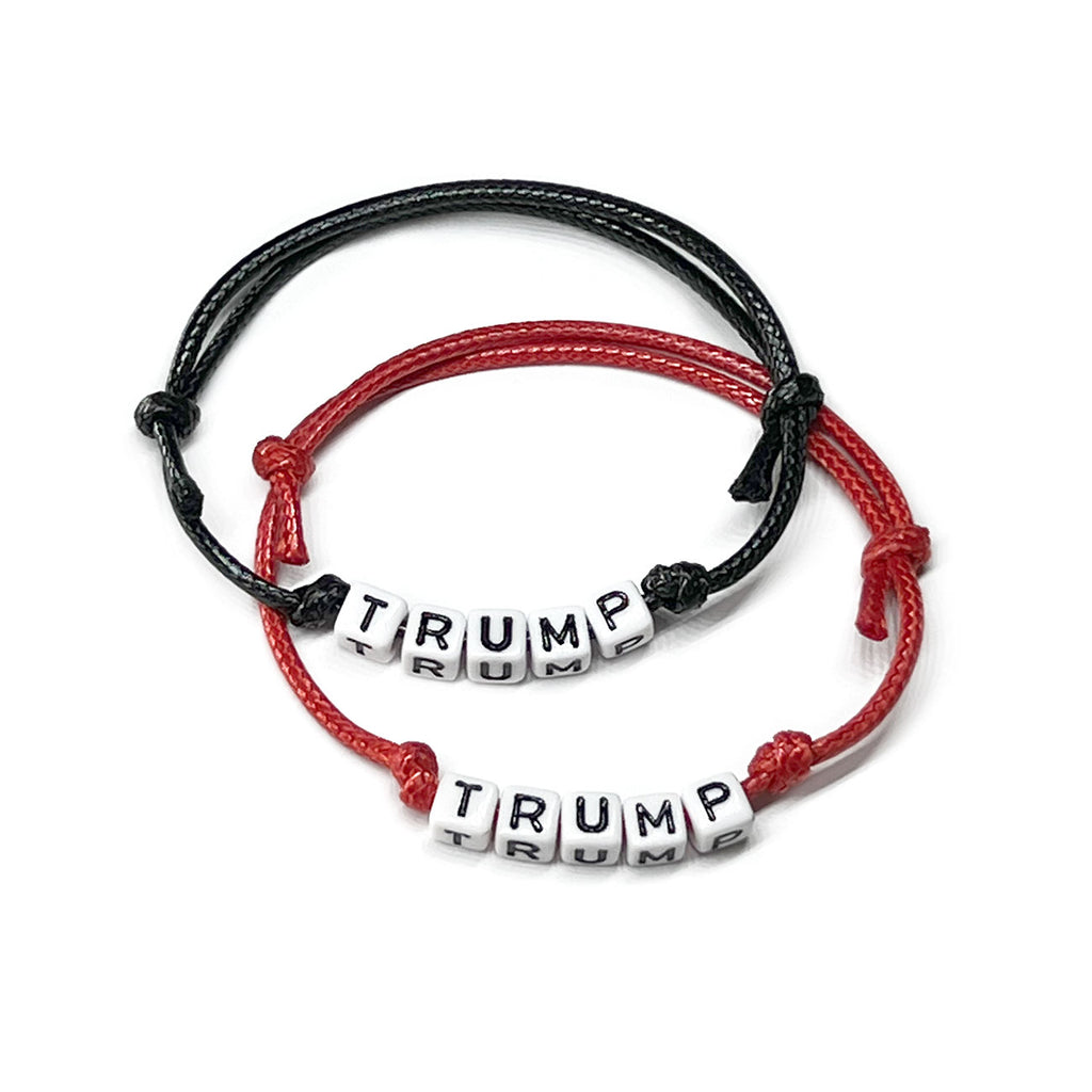Handmade Trump bracelet set with adjustable red and black nylon cords, featuring white block letter beads spelling 'TRUMP' – perfect for showing political support. Available in black and red color options.