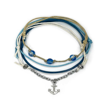 Anchor Bracelet Style Pack – Stackable Waterproof Blue Beach Bracelets with Silver Anchor Charm