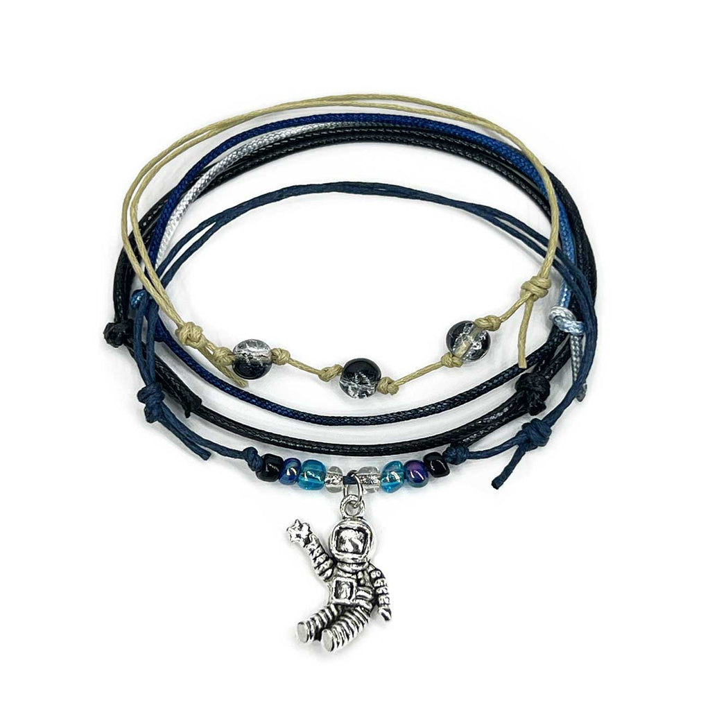 Astronaut Bracelet Style Pack with galaxy cords, silver astronaut charm and stackable shimmer beads