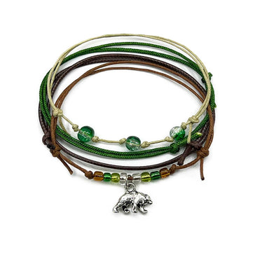 Bear Bracelet Style Pack with 4 adjustable, waterproof charm bracelets in earthy tones, shimmer glass beads and silver bear charm bracelets for wild outdoor vibes.