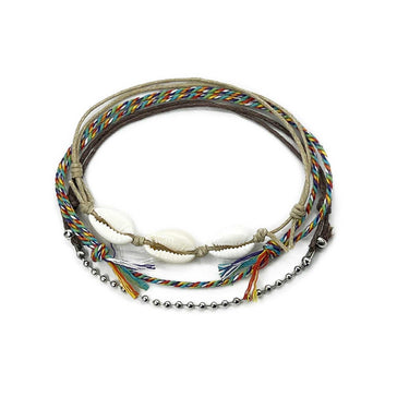 Beige cowrie shell anklet with rainbow braid and silver ball chain anklets