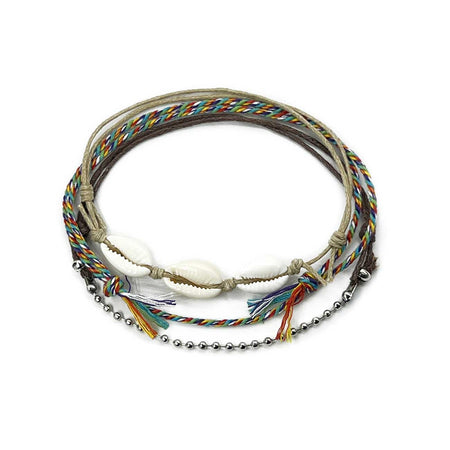 Beige cowrie shell anklet with rainbow braid and silver ball chain anklets