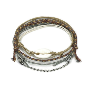 Beige Cowrie Shell Bracelet Style Pack with neutral waterproof cords and real shell charm
