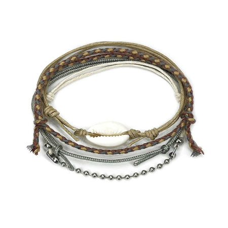 Beige Cowrie Shell Bracelet Style Pack with neutral waterproof cords and real shell charm
