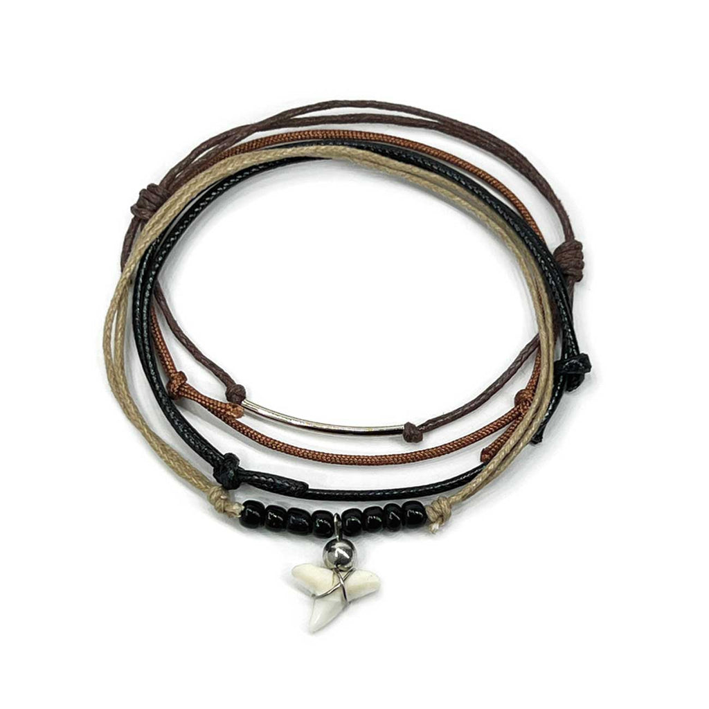 Black Shark Tooth Bracelet Style Pack with real shark tooth and black glass beads on adjustable surfer cords