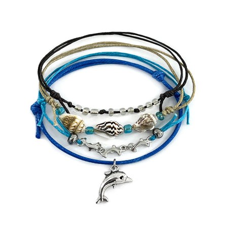 Blue Dolphin Shell Charm Bracelet Pack with silver dolphin chain, blue cords, shell and glass beads