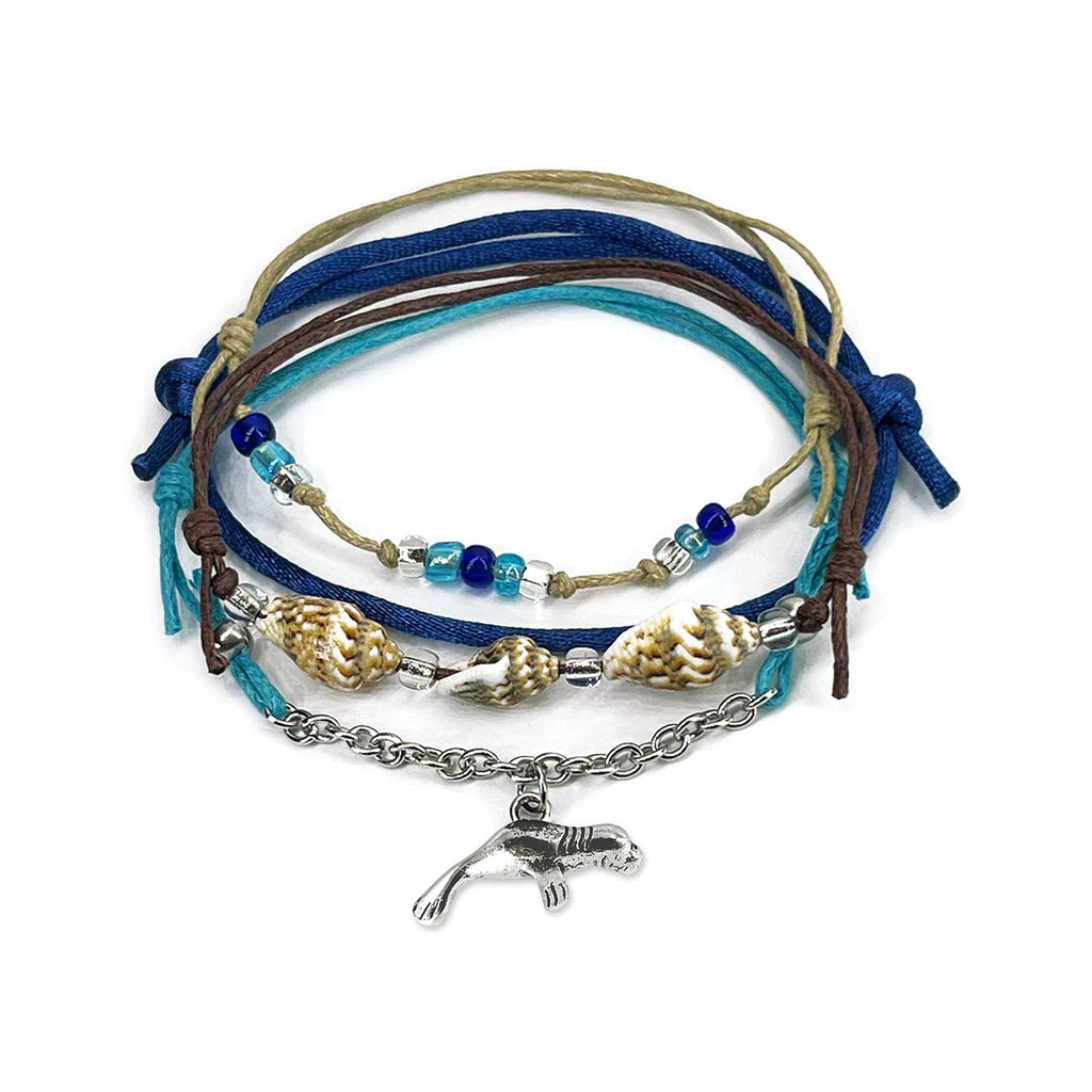 Blue Manatee Shell Charm Bracelet Pack with shell and glass beads, dolphin chain style and beachy waterproof cords