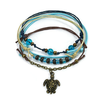 Blue Sea Turtle Coconut Bead Bracelet Pack with coconut shell beads, ombre blue glass and bronze charm
