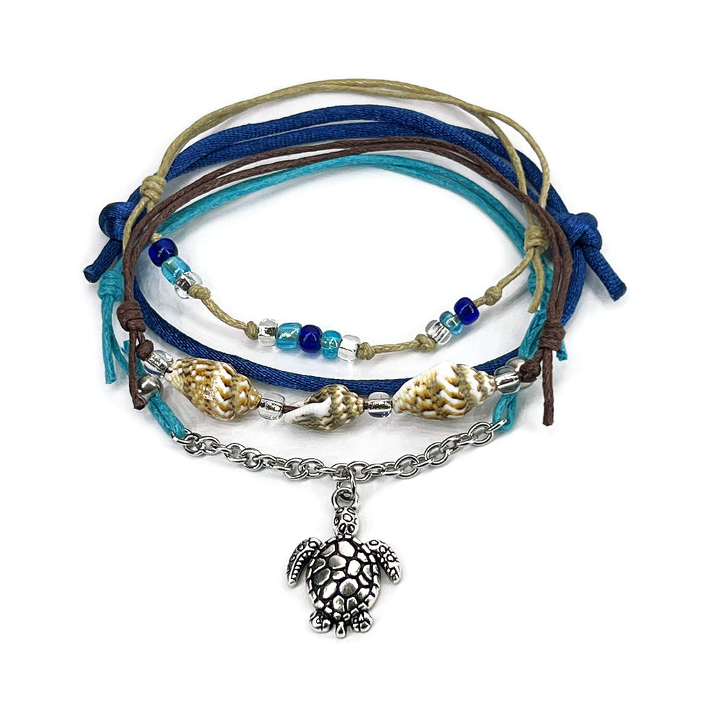 Blue Sea Turtle Shell Bracelet Style Pack with silver turtle charm, beach-tone cords and shimmer beads