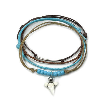 Blue Shark Tooth Bracelet Style Pack with real tooth, blue beads and adjustable beach cords