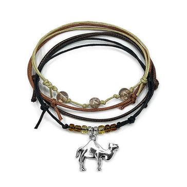 Camel Bracelet Style Pack with silver camel charm, stackable, beaded and adjustable bracelets