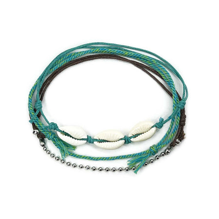 Wholesale Green Cowrie Shell Anklet 3-Pack with real shell and teal cords