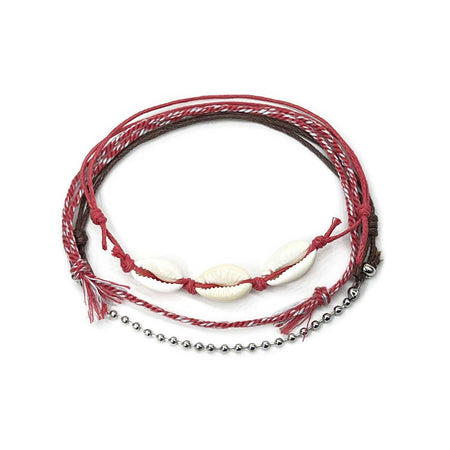 Wholesale Pink Cowrie Shell Anklet 3-Pack with braided and ball chain detail