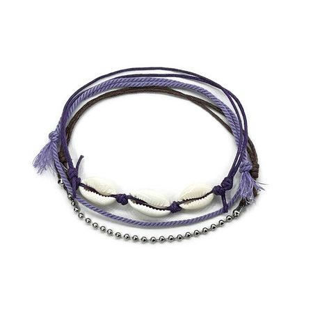 Wholesale Purple Cowrie Shell Anklet 3-Pack with lavender cord and real shells