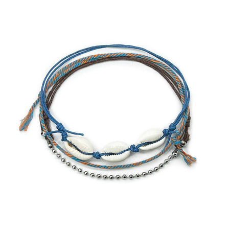 Dark blue cowrie shell anklet set with natural cowrie shells, navy cord, blue-orange braid and silver ball chain