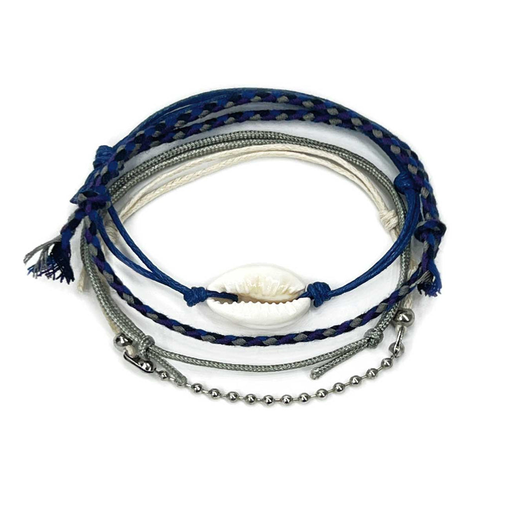 Dark Blue Cowrie Shell Bracelet Pack with navy, gray and white waterproof cords and real cowrie shell