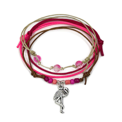 Flamingo Bracelet Style Pack with silver flamingo charms pink ombre beads and waterproof beach cords