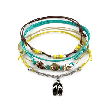 Flip Flop Shell Charm Bracelet Pack with teal, yellow cords and real shells