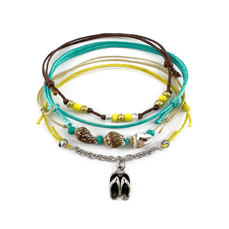 Flip Flop Shell Charm Bracelet Pack with teal, yellow cords and real shells