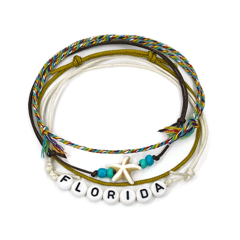 Florida Bead Starfish Anklet 4-pack featuring colorful cords, starfish charm, and letter beads.