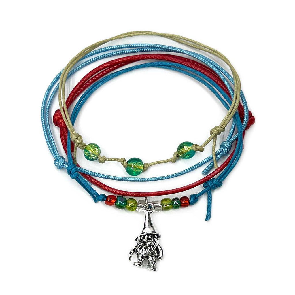 Gnome Bracelet Style Pack with forest cords, silver gnome charm and shimmer beads