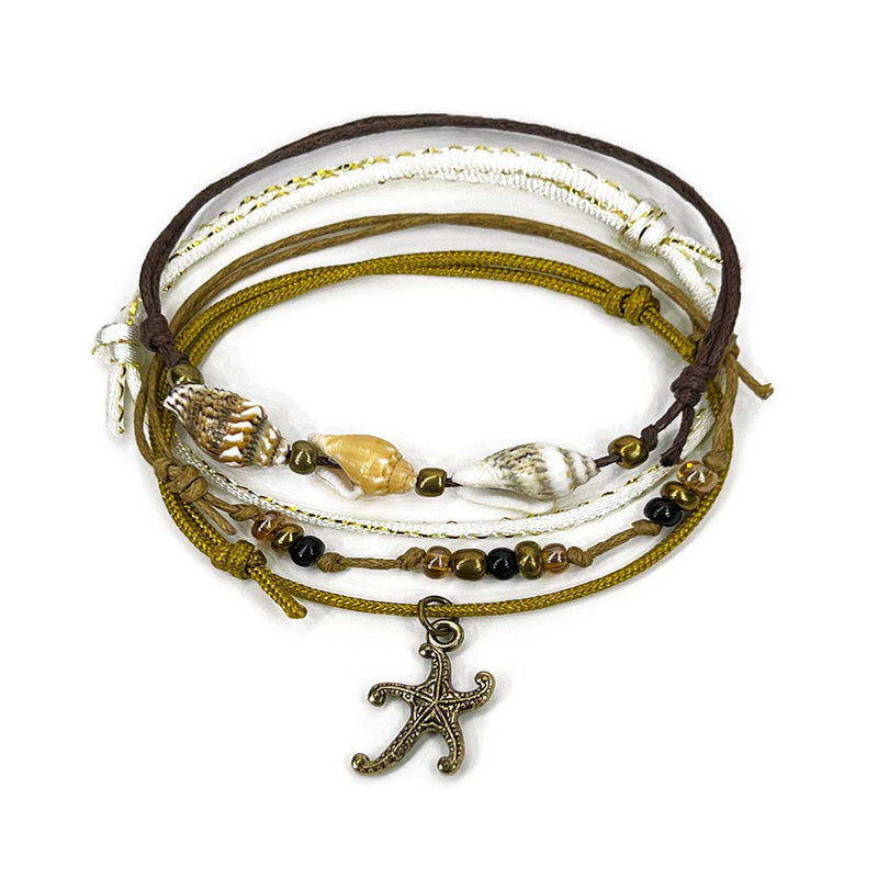Gold Starfish Beige Tan Shell Bracelet Pack with shells and beach cords