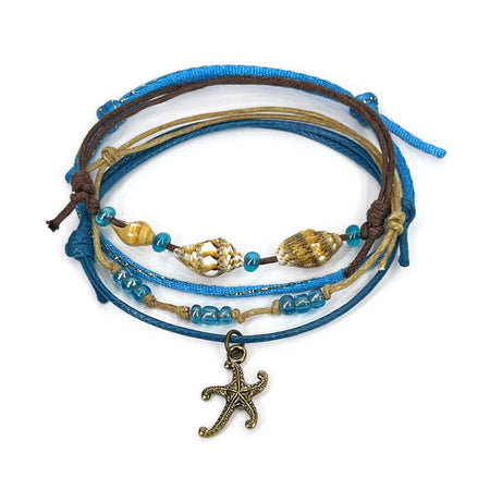 Gold Starfish Blue Beaded Shell Bracelet Pack with shells and sea glass beads