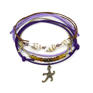 Gold Starfish Purple Shell Bracelet Pack with beaded lavender cords and ombre sea glass beads