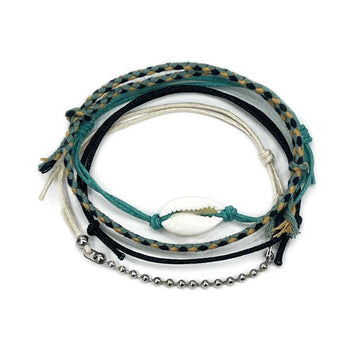 Green Cowrie Shell Bracelet Pack with real shell, braided cords and waterproof coastal tones
