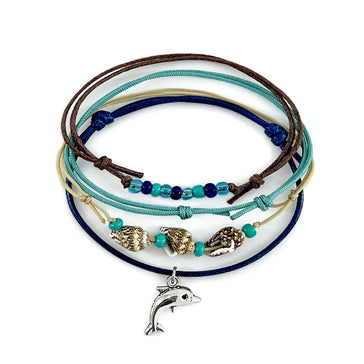 Green Dolphin Shell Charm Bracelet Pack with teal cords, glass beads, shell accents and silver dolphin charm