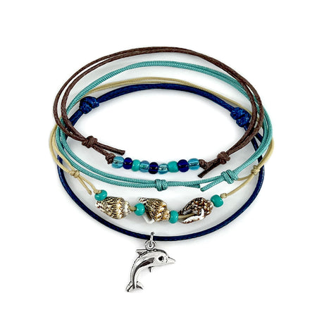 Green Dolphin Shell Charm Bracelet Pack with teal cords, glass beads, shell accents and silver dolphin charm