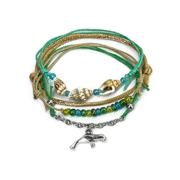 Green Manatee Shell Charm Bracelet Pack with shell and glass beads, silver manatee charm and waterproof cords