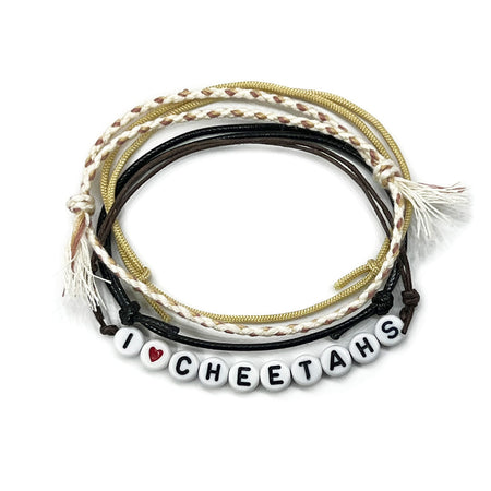 I Heart Cheetahs Letter Bead Bracelet Style Pack with braided neutral cords and white letter beads