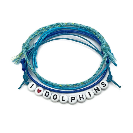 I Heart Dolphins Bracelet Style Pack with ocean blue cords and letter beads