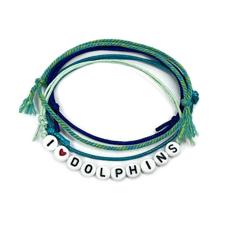 I Heart Dolphins Bracelet with green and navy string cords and dolphin letter beads