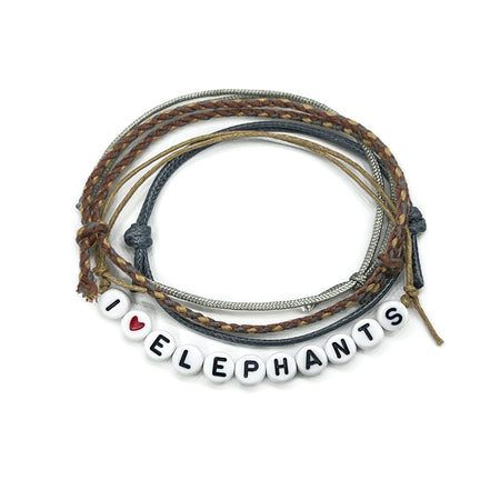 I Heart Elephants Bracelet Pack with gray, tan and beige cords and red heart letter beads