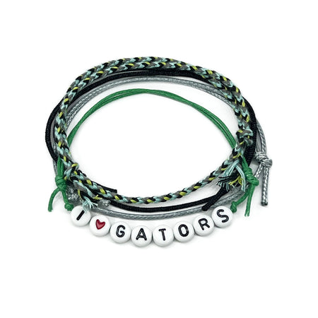 I Heart Gators letter bead bracelet pack with green cord and red heart