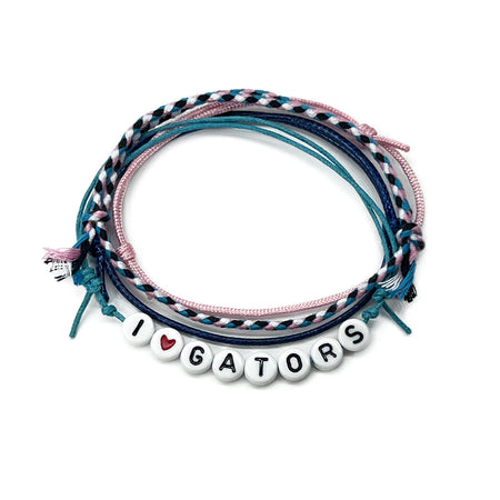 Pink and blue I Heart Gators bracelet pack with letter beads and red heart on soft string cords