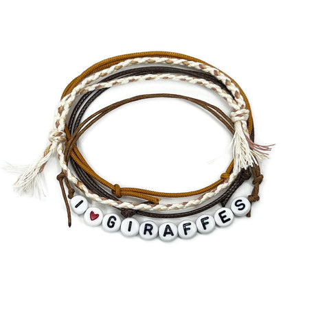 I Heart Giraffes Bracelet Style Pack with brown and orange cords and letter beads