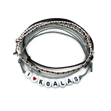 I Heart Koalas Bracelet Style Pack with gray cords, letter beads and red heart accent