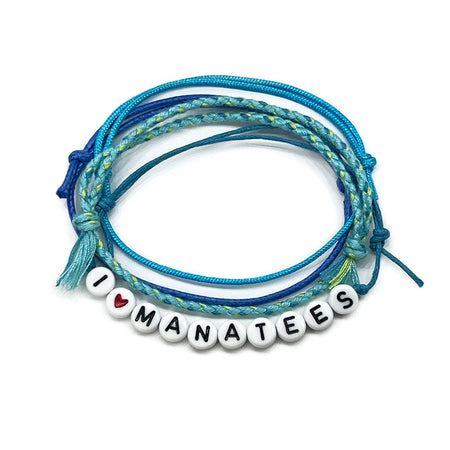 I Heart Manatees letter bead bracelet set with teal, turquoise and blue cords