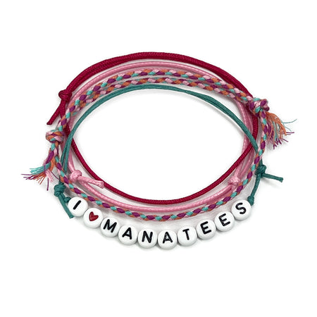 I Heart Manatees Letter Bead Bracelet Pack with pink blue cords and letter beads